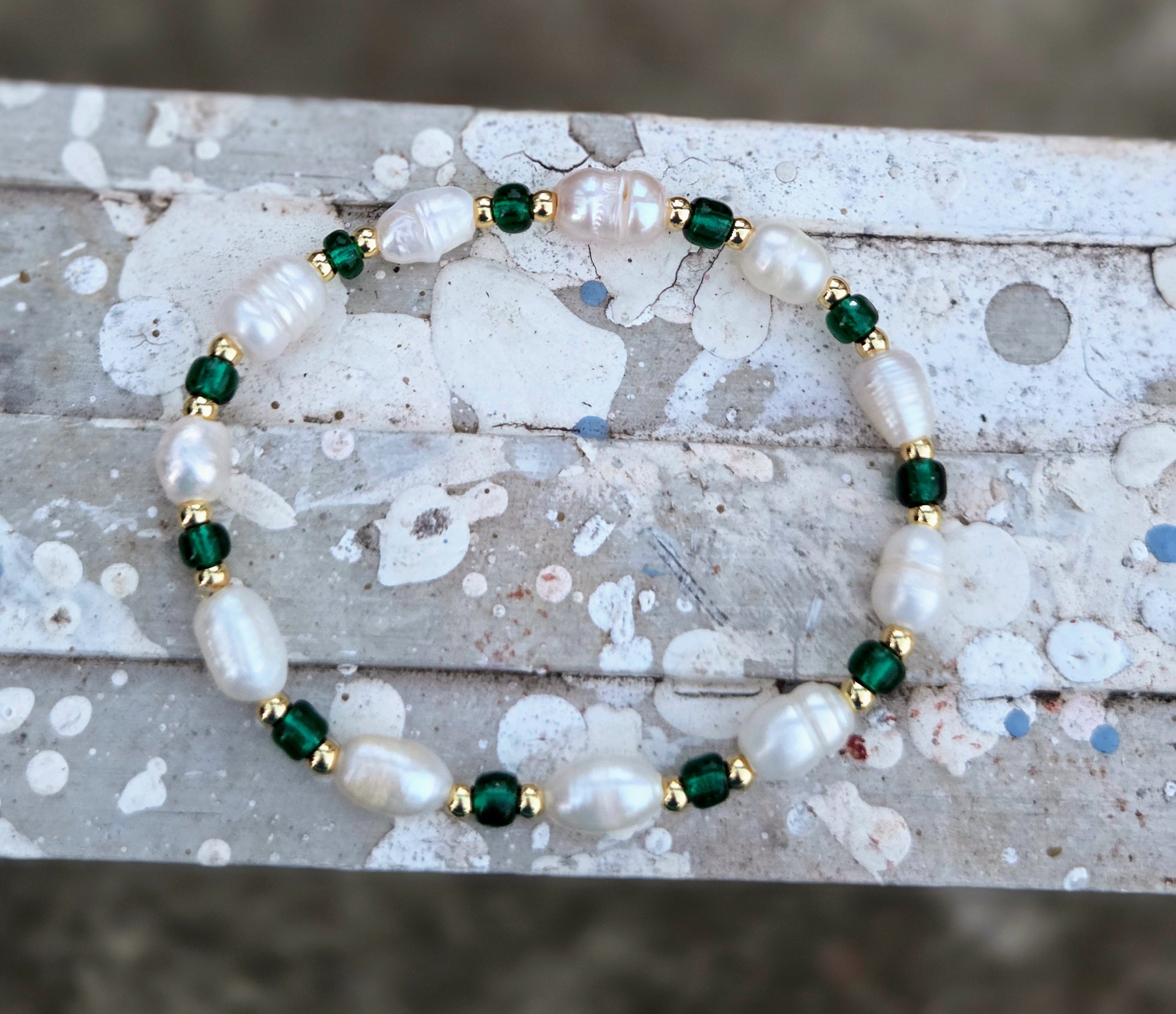 Freshwater Pearl, 18K Gold Filled & Green Glass Seed Bead Stretch Bracelet