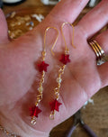Hand-Made Gold Wire Wrapped Red Glass Star & Crystal Earrings
