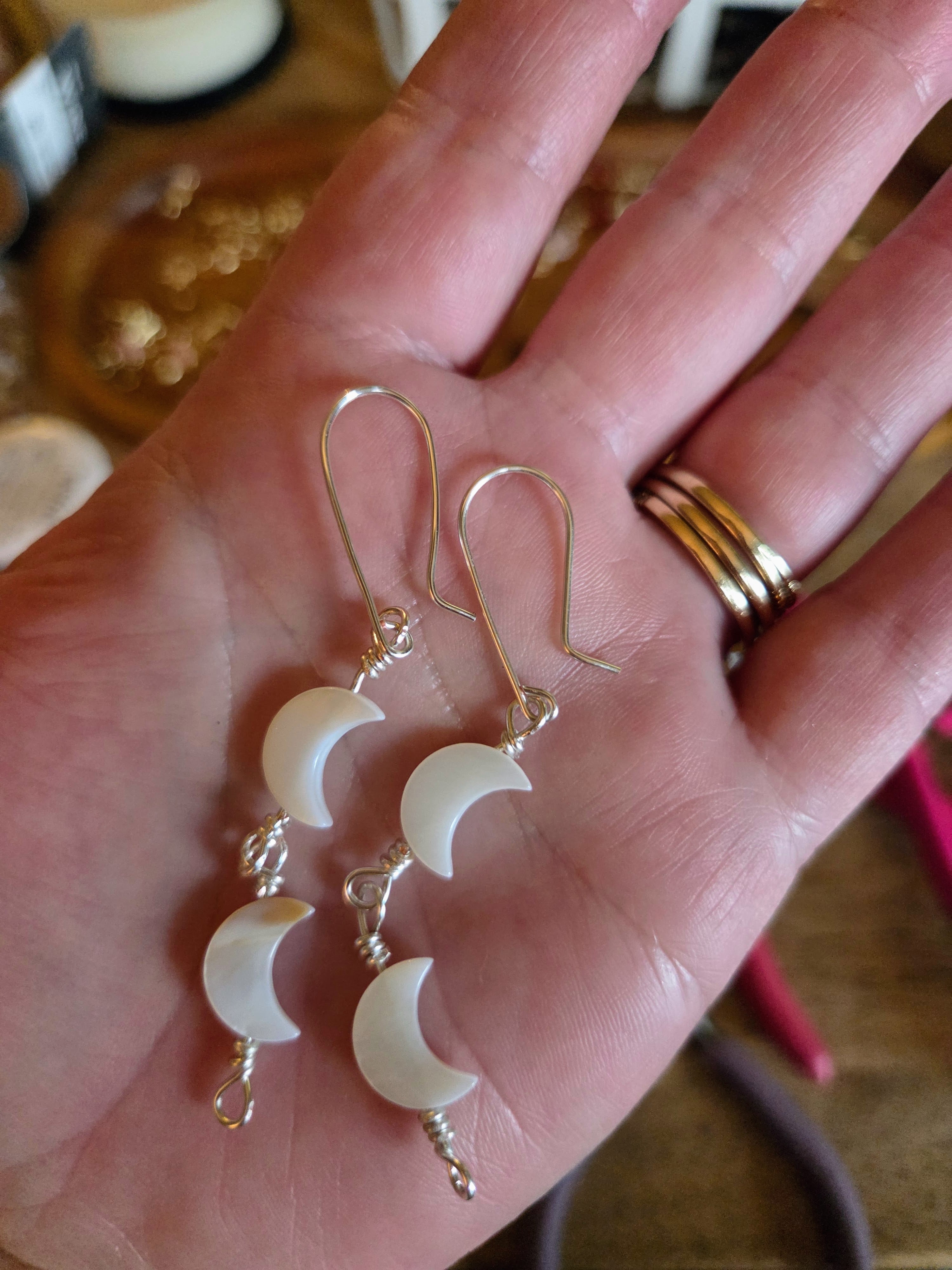 Hand-Made Silver Wire Wrapped Double Moon Shell Earrings