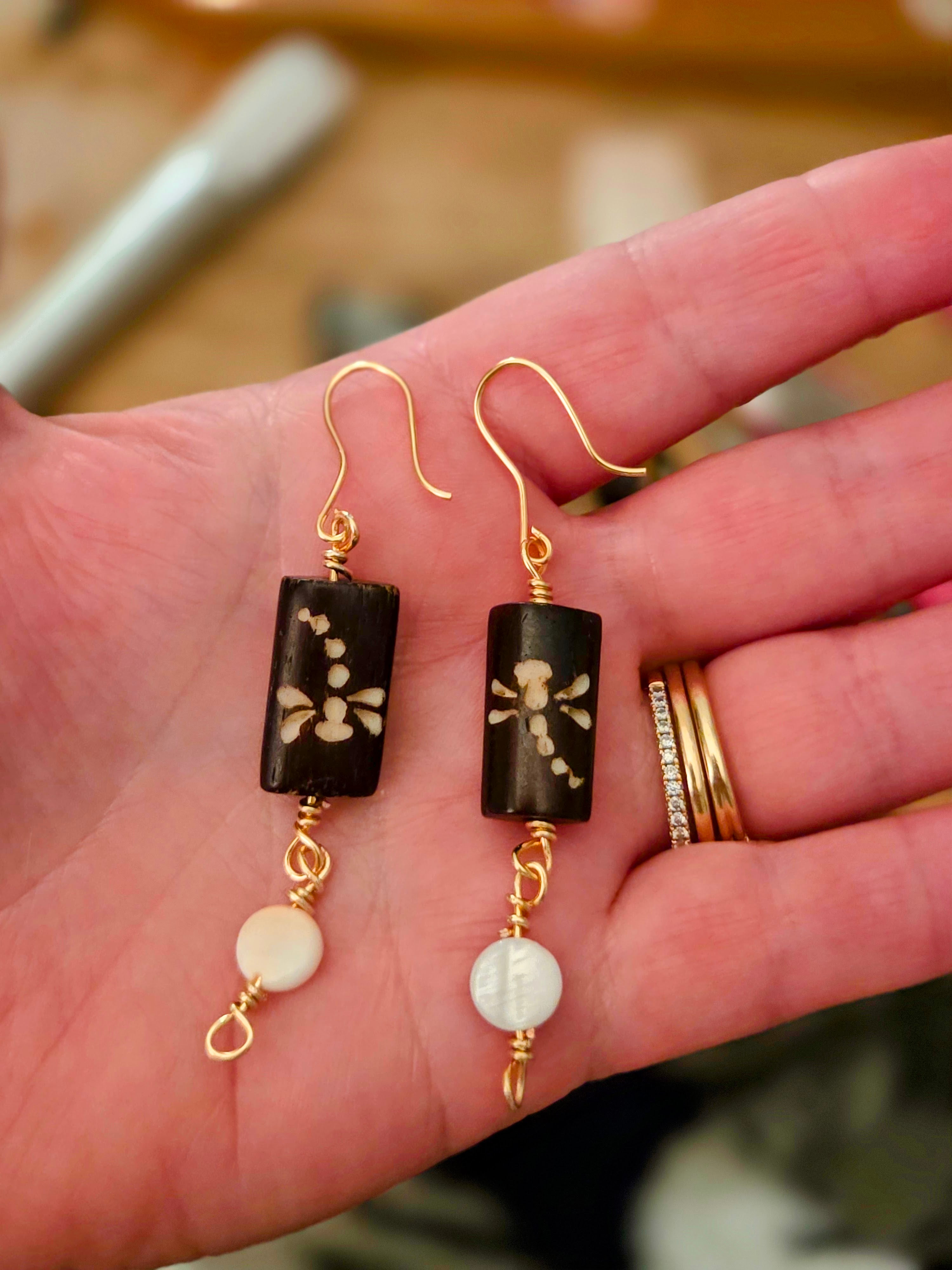 Hand-Made Gold Wire Wrapped Dragonfly Wood & Shell Bead Earrings