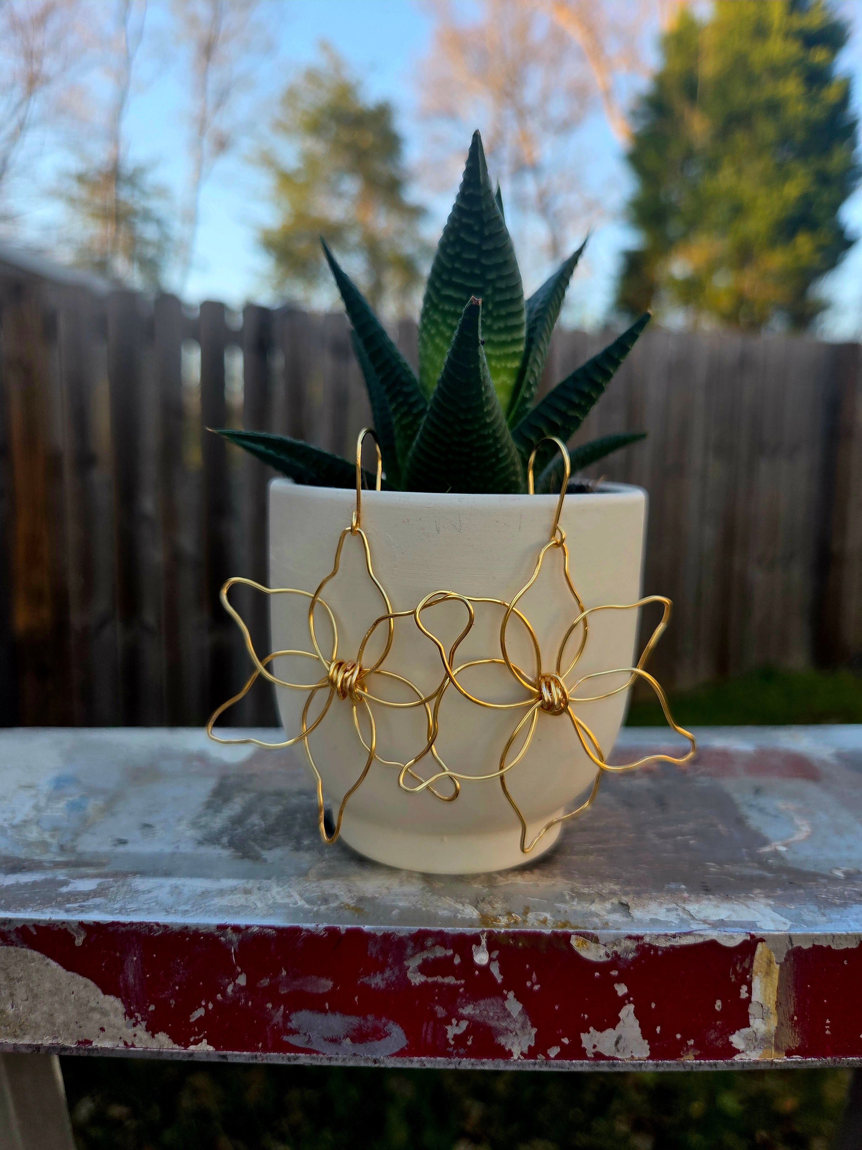Hand-Made Gold Wire Flower Earrings