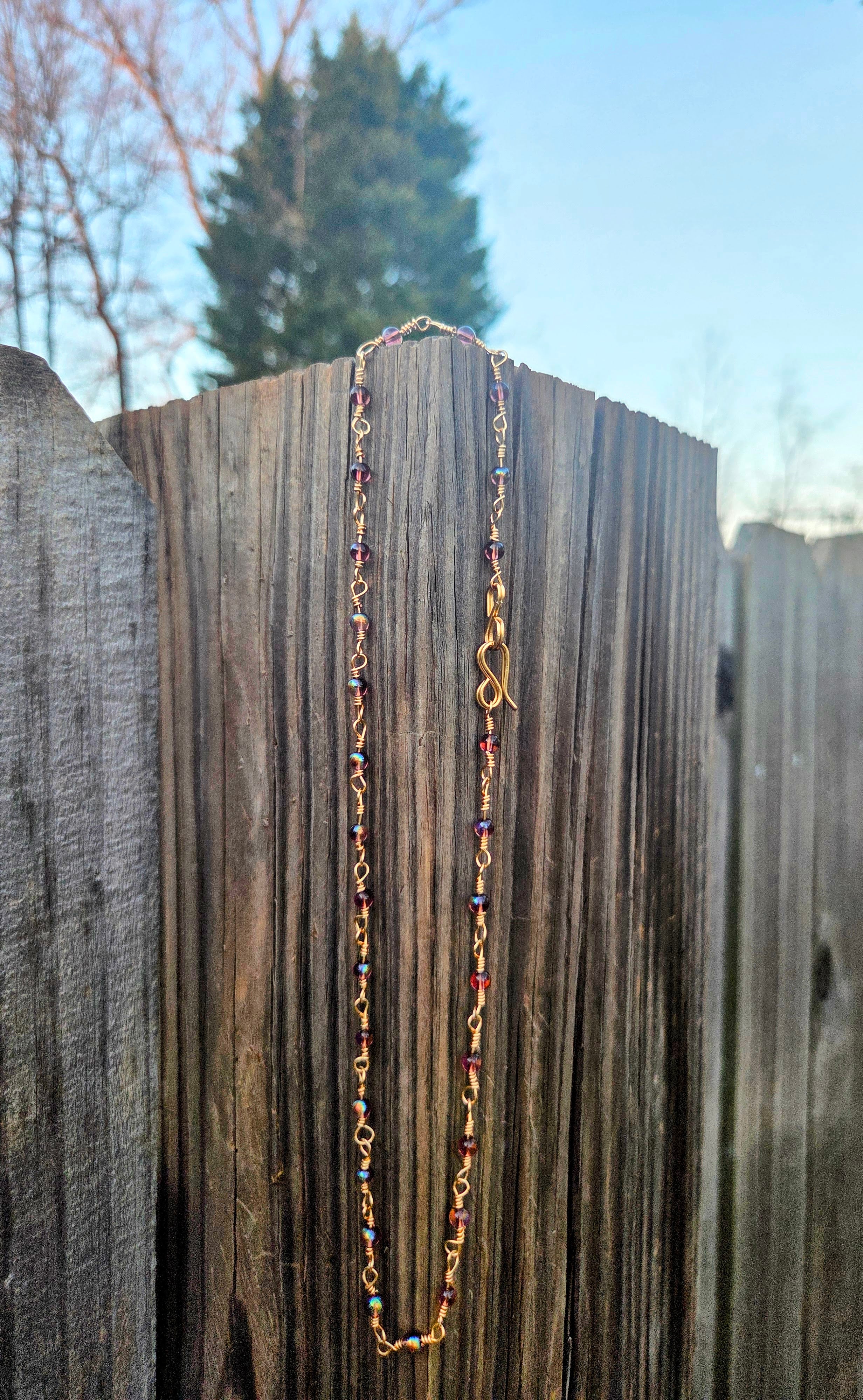 Hand-Made Gold Wire Wrapped Purple Glass Bead Necklace