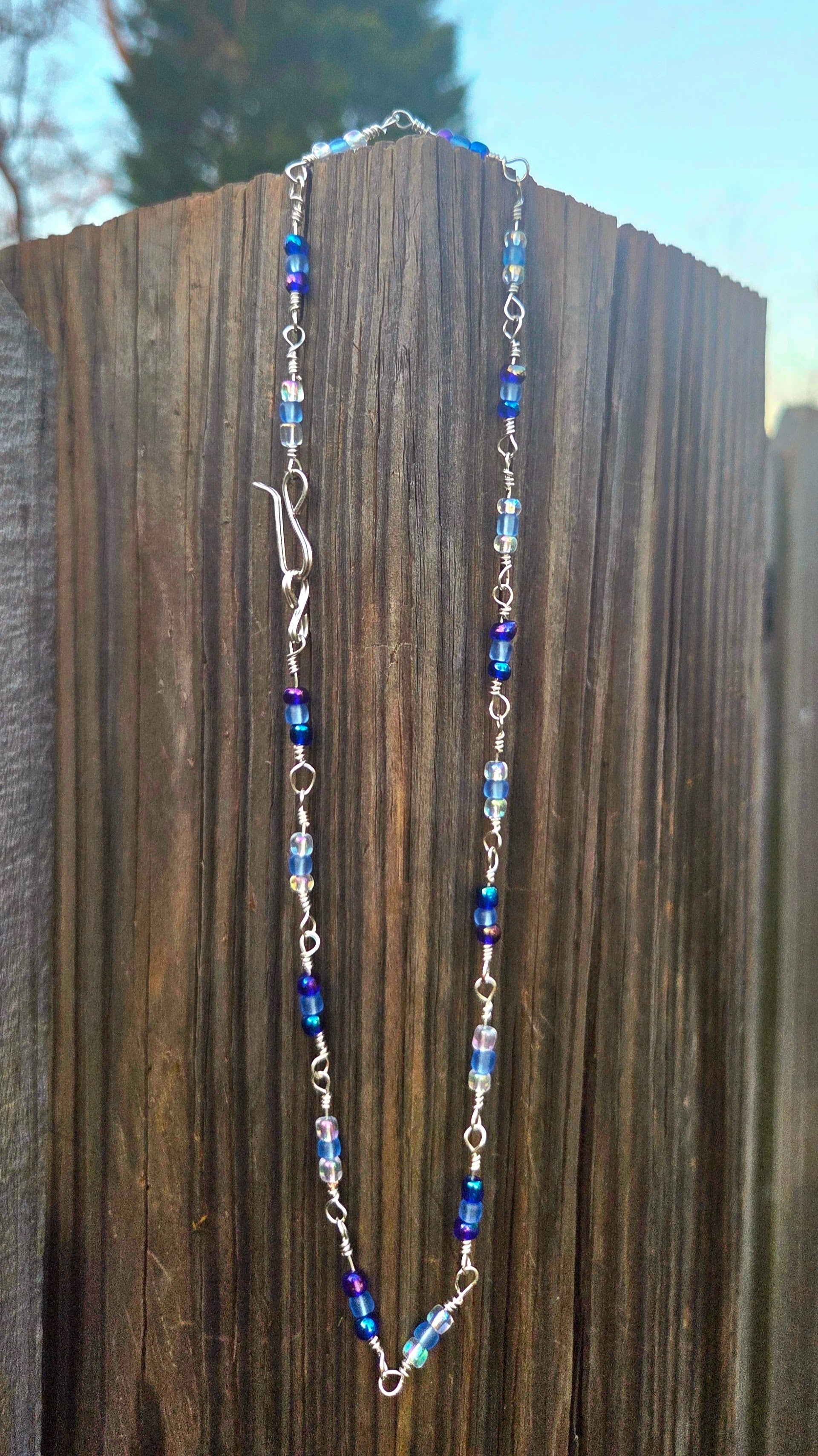 Hand-Made Silver Wire Wrapped Blue Seed Bead Necklace