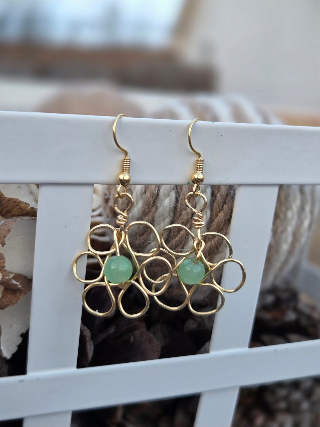 Flower Bead Earrings with Jade – Handmade Wire Wrapped