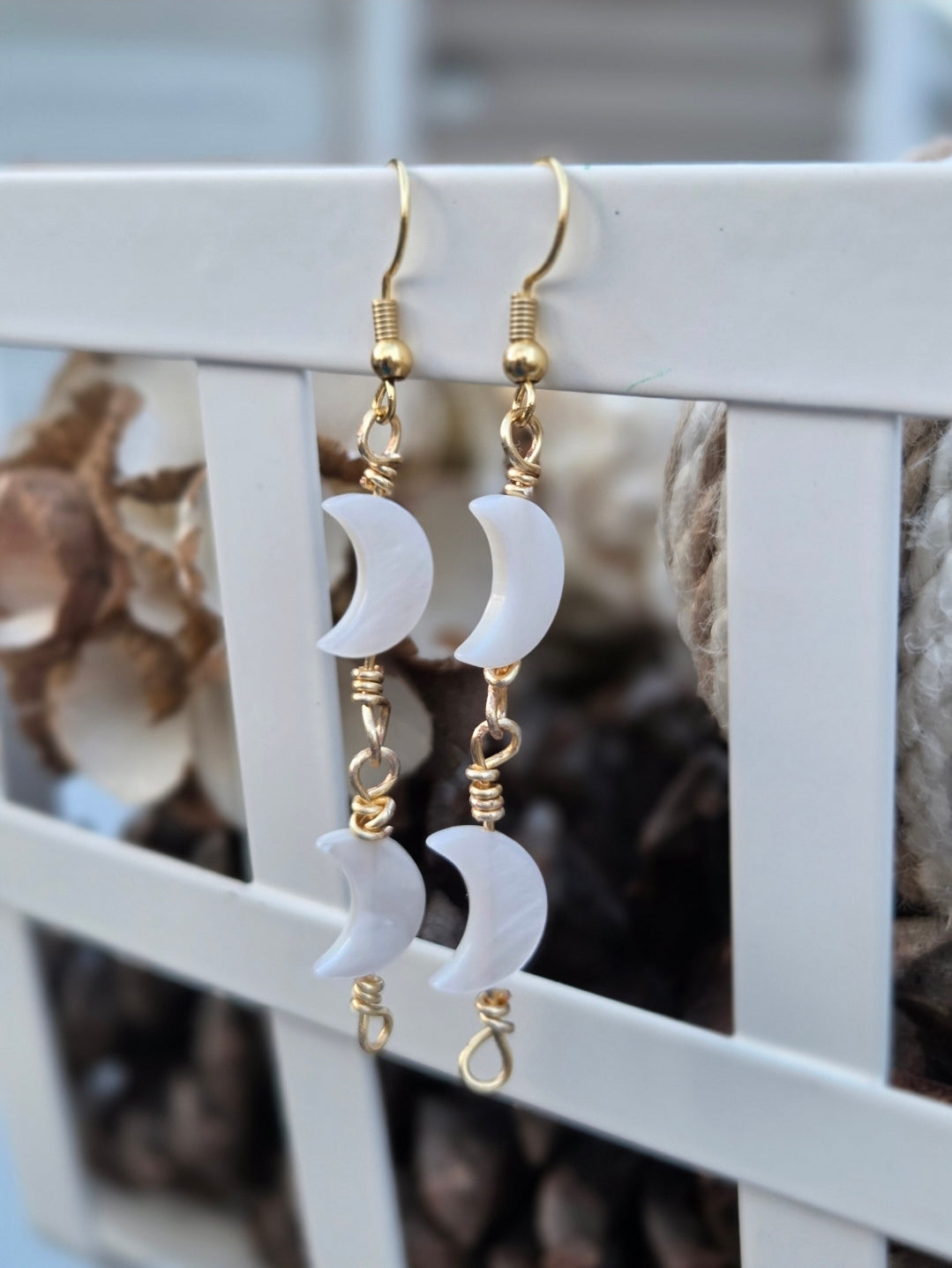 Hand-Made Gold Wire Wrapped Double Moon Shell Earrings