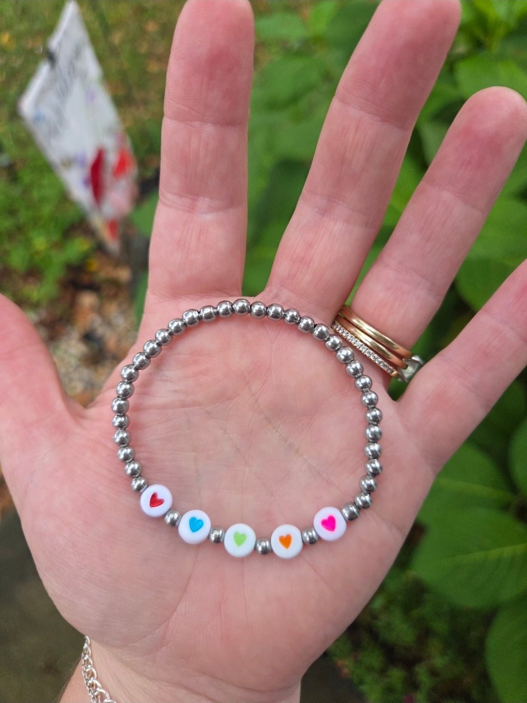 Stainless Steel & Multi-Color Heart Letter Bead Stretch Bracelet