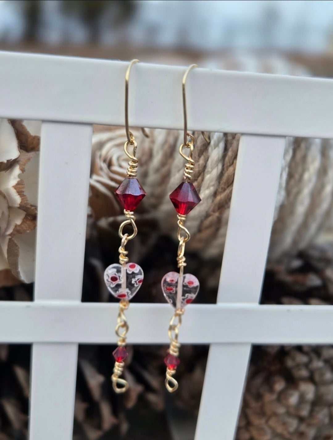 Hand-Made Red Glass & Millefiori Heart Bead Wire Wrapped Earrings