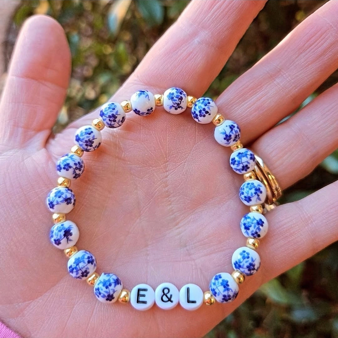 Blue & White Floral Ceramic, 18K Gold Filled & Letter Bead Stretch Bracelet