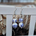 Hand-Made Blue & White Floral Ceramic Bead Wire Wrapped Earrings