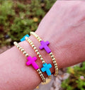 Colorful Cross & 18K Gold Filled Bead Stretch Bracelet